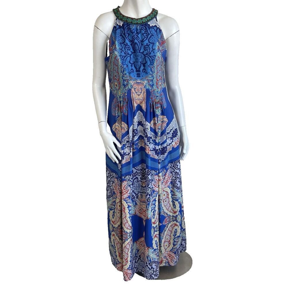 Ranna Gill Blue Paisley Print Maxi Dress with Green Beaded Neckline